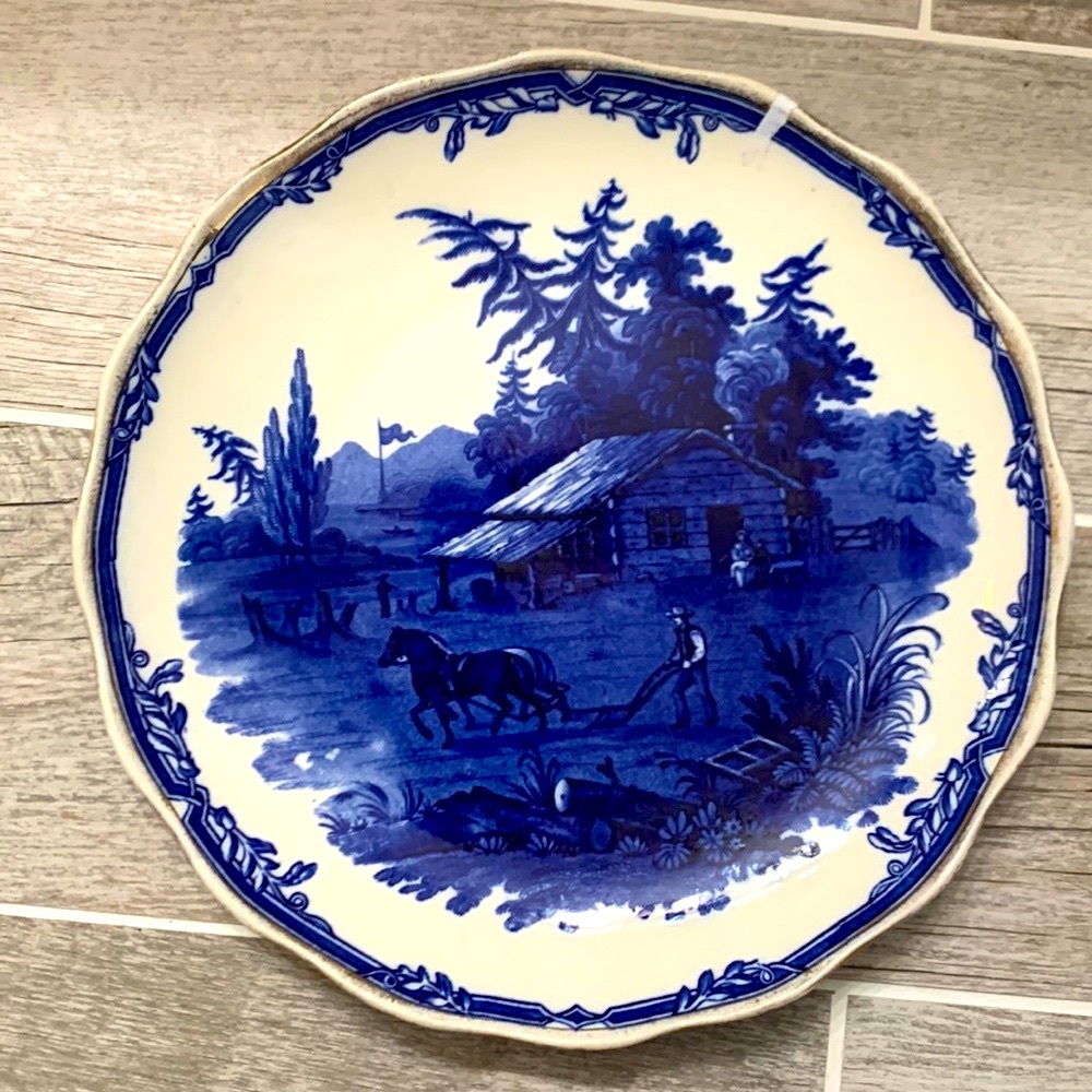 Antique Flow Blue Cauldon England Plate American Homestead Scene Gold Trim USA